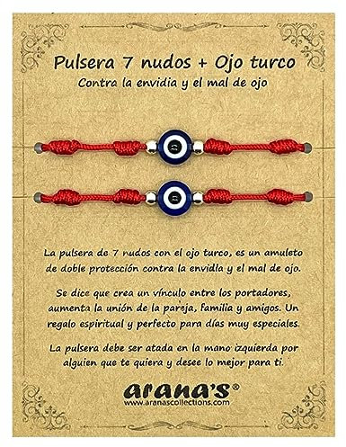 Arana's - Bracciale 7 nodi con occhio turco per tutti - Per il malocchio - Filo rosso protezione energia negativa - Amuleto fortunato - Coppie familiari amici