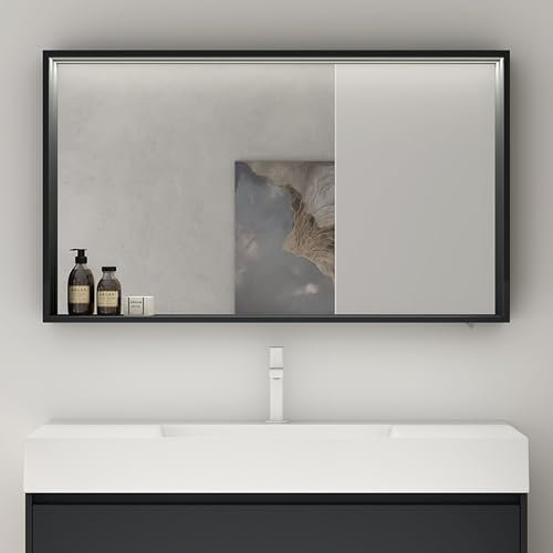 Sogood Armoire Murale Salle de Bains avec Miroir LED Placard de Rangement Compartiment Ouvert Anthracite Mat en Bois Armoire de Toilette 120x12x70 cm Spiegelschrank 01