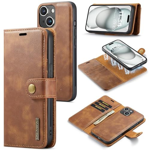 NEIDE 2 in 1 Detachable Flip Wallet Case for iPhone 15, Retro Real Cowhide Leather, Brown, With Card Holder