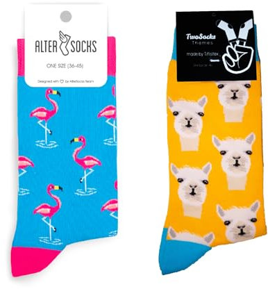 TwoSocks Weihnachtsmann Socken Herren & Damen lustige und witzige Strümpfe als Geschenk, Baumwolle, Einheitsgröße (Alpaka + Flamingo)