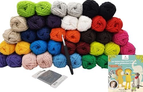Häkelgarn Strickgarn 40x25gr Wolle +Häkel-Strickbuch + Reflexfaden + Häkelnadel – bunte Auswahl an hochwertiger Wolle zum Stricken und Häkeln - Wolle ohne Banderole