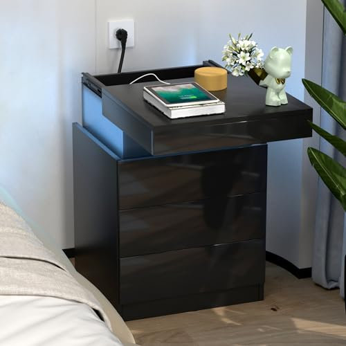 PIPIPOXER Nachttisch mit Steckdose & USB, Nachttisch Schwarz mit LED Nachtkommode mit 3 Schubladen und Hochglanz Nachtschrank Tisch, Led 16 Farben Beleuchtung für Wohnzimmer, 45x40x67cm