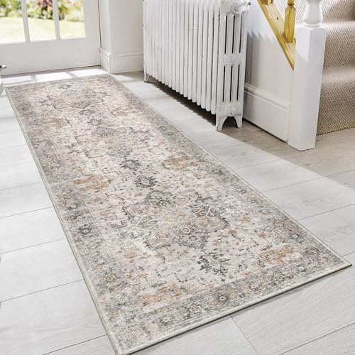 GENIMO Läufer Teppich, rutschfest, Vintage, Flur, Läufer, niedriger Flor, leichte Teppiche für Eingangsbereich, Flur, Küche und Korridor, Helltaupe Braun