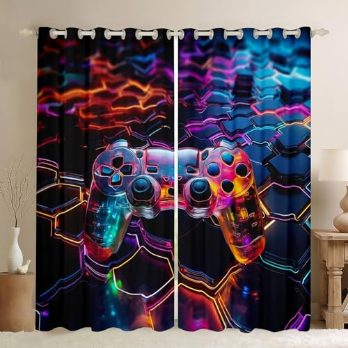 Manfei Teens Gaming Blackout Curtain Modern Gamer Window Treatments, Honeycomb Gamepad Window Drapes for Kids Boys Adults Game Room Decor Grommet Top 2 Panel Set Bedroom Curtains, 46Wx54L inch