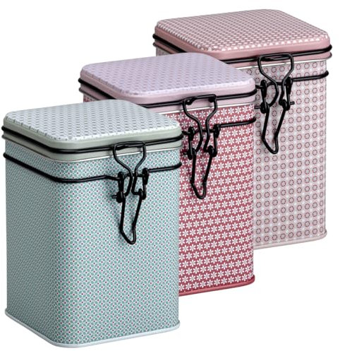 MediMuc Dose Bella je 150g - 3er Set - mit bunten Motiven aufwendig lackiert, Deckel mit Bügelverschluss - Tee- Kaffeedose L/B/H 8,2 x 8,2 x 11,9cm Vol. ca.800ml