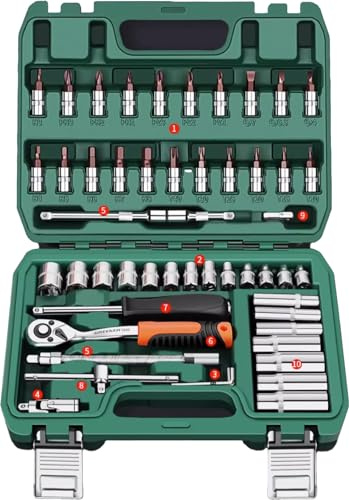 Suosi-GSCM 1/4-Inch Drive Metric 6-Point Shallow & Deep Socket & Bit Wrench Set, 4-14mm (52-Piece)