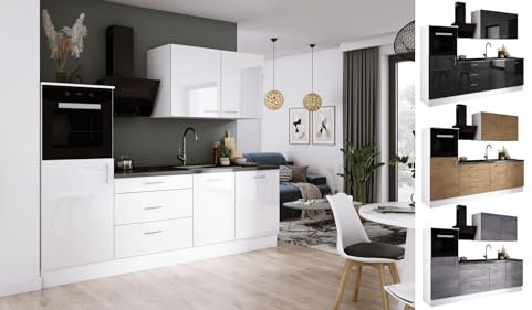 Faizee Möbel Hochwertige Komfort Küche 250x57x170 mit Schränken und Arbeitsplatte Hochglanz Creme