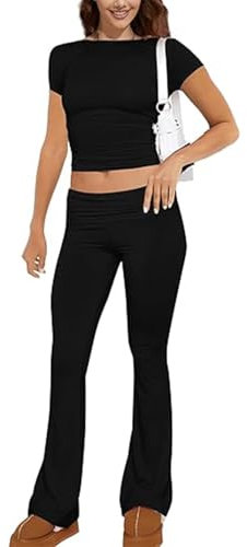 ROFUSSO Zweiteiler Damen Sommer Lounge Set Slim Fit Kurzarm Oberteile und Yoga Schlaghose Trainingsanzug Freizeit Outfit Fitness Sportkleidung Set