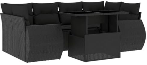 vidaXL Garten Sofa Garnitur 7-TLG., Gartenmöbel Set mit Kissen Modular, Lounge Sitzgruppe für Garten Terrasse, Gartentisch Verstellbare Tischplatte, Schwarz Poly Rattan