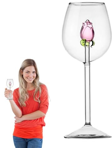 Red Wine Glass with Rose Inside - Cocktail Goblet with Rose Petal Stem - Romantic Flower Drinks Cup, Crystal Champagne Goblet for Dinner, Bar, Wedding