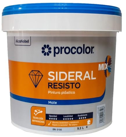 Pintura de interior y exterior antimanchas blanca Sideral Resisto, Alta resistencia, Excelente rendimiento de 11-13 m²/L. Alta lavabilidad, muy buena cubrición, protección antimoho. (4 Litros)