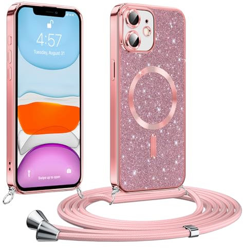 Phoona handyband Hülle für iPhone 11 mit Band, Glitzer Handyhülle Kompatibel mit MagSafe, Ganzkörperschutz Kratzfeste Stossfest Schutzhülle mit Einstellbar Kette, Rosa