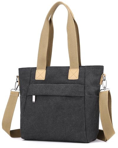 zhongningyifeng Damen Canvas Tote Bag Kleine Handtasche mit Reißverschluss Umhängetasche für Reisen Einkaufen Arbeit (black)