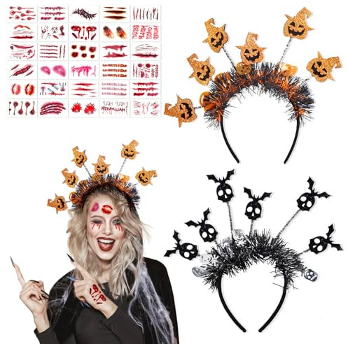 OAKENCREST Halloween Haarreif Haarschmuck, Halloween Haarschmuck, Fledermaus Haarreif und Kürbis Stirnbänder, mit 30 Tattoos Aufkleber, für Damen Herren Kinder, Halloween Kostüm Cosplay Kostümpartys