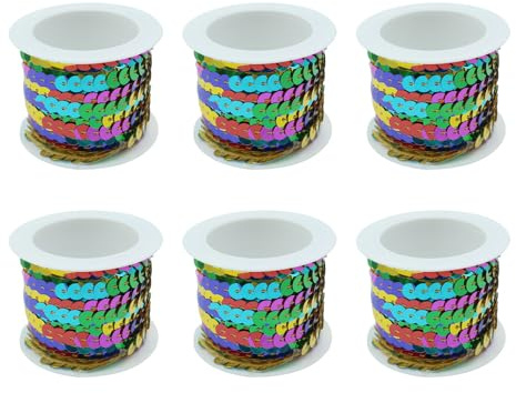 ANCLLO 6 Rollos de Lentejuelas Coloridas de 5 mm Rollo de Tira de Lentejuelas Planas Carrete de Adorno de Cinta de Paillette, Aproximadamente 5 m/Rollo