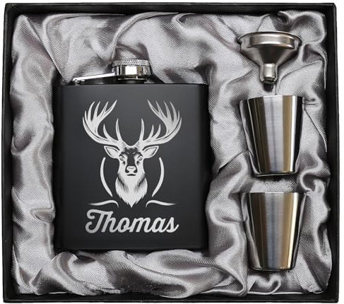 Jäger Geschenk Flachmann Hirsch mit Gravur Flachmann Jäger Geschenkidee Männer Schwarz