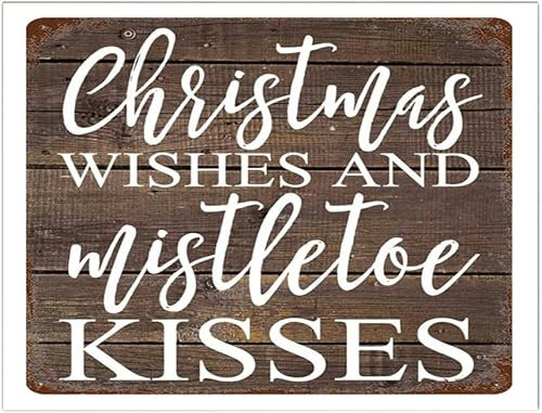 Rustikales Schild mit Aufschrift Christmas Wishes And Misteltoe Kiss, gerahmt, blanko, Wandschild, rund, kein Verblassen, schöner Horror für Thanksgiving, 20,3 x 30,5 cm