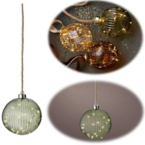 LS-LebenStil Deko XL Glas Lichtkugel 30 LED 14cm Grün Silber Timer Batterie-Fach Kugellampe zum Anhängen als Weihnachtsdeko innen Weihnachtsbeleuchtung Fensterdeko Batteriebetrieben
