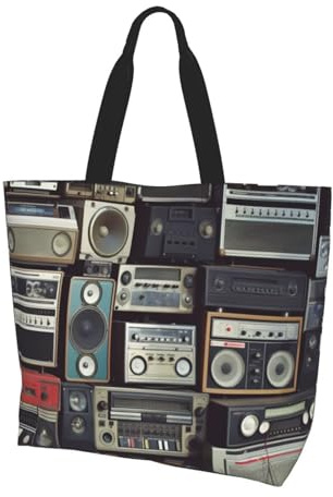 LMNGH Vintage Wall of Radio Boombox Tote Bag Reusable Grocery Bag Foldable Handbag Washable Shopping Bag Heavy Duty Shoulder Bag Crossbody for Travel, Vintage Wall of Radio Boombox, One Size