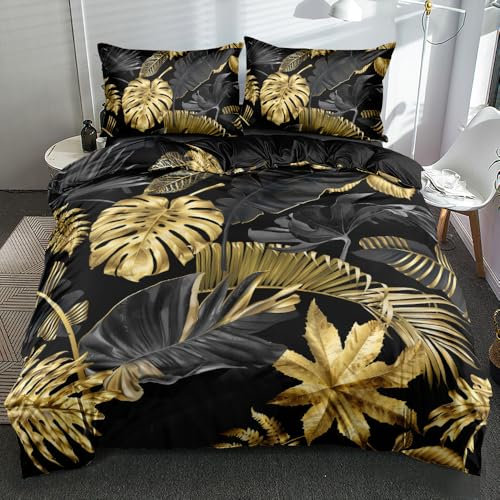 Luowei Bettwäsche 135x200cm 3D Bettwäsche Gold Blatt Muster Bettwäsche Set Weich Mikrofaser Bettbezug mit Reißverschluss und Kissenbezug 80x80cm