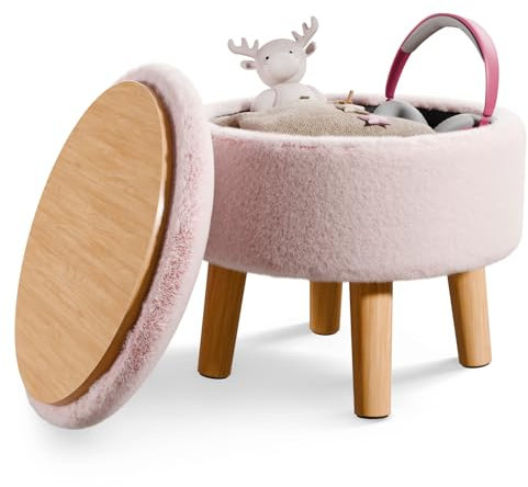 BRIAN & DANY Footstool with Storage, Small Storage Ottoman, Faux Fur Round Stool with Lid, Foot Stool with Legs for Living Room Entryway, Pink