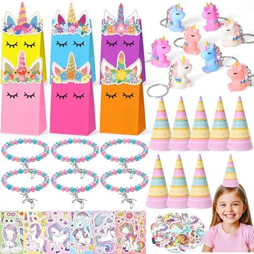 Cleboen Einhorn Mitgebsel Kindergeburtstag Mädchen Partyhüte Armbänder Schlüsselanhänger Geschenktüten mit Einhornhorn DIY Aufkleber Einhorn Give Away Mitbringsel Geburtstag Geschenke Kinder Mädchen
