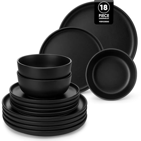 vancasso Série PLAYA Service de Table 6 Personnes, Set Vaisselle Noir en Grès 18 Pièces - 6 Assiettes Plates, 6 Assiettes à Dessert et 6 Bols - Adapté au Lave-Vaisselle et au Micro-Ondes