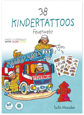 Lutz Mauder 38 hautfreundliche Kinder Tattoos, Feuerwehr, Löschfahrzeug, Hubschrauber, Kindertattoos MADE IN GERMANY, Tattoo Kinder, Vegan, plasikfrei verpackt, unbedenklich
