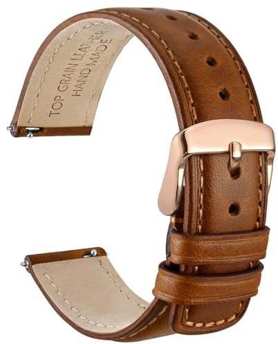 WOCCI 20mm Uhrenarmband für Herren und Damen, Echtes Leder - Top Genarbtes Leder, Schnellverschluss, Rosegoldene Schnalle (Goldbraun)