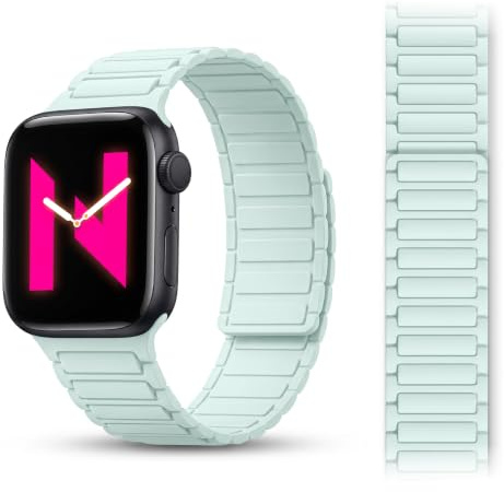 NALIA Nexus Magnet Armband kompatibel mit Apple Watch Armband Series SE/iWatch 10 9 8 7 6 5 4 3 2 1, 38/40/41/42mm, Silikon Loop mit Rillendesign, Sportarmband Magnetisch, Farbe:Eisminze