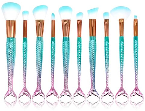 Lot de 10 pinceaux de maquillage sirène pour femmes, pour sourcils, poudre, fond de teint, eye-liner