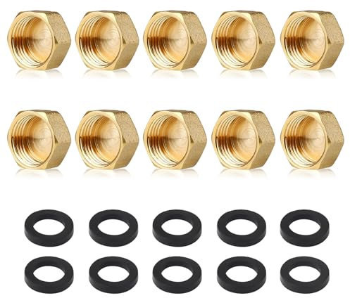 Tapa ciega de latón, 10 tapas de tuerca ciega de latón, tapas de válvula de radiador de 1/2 pulgada, tapas de tope hembra con arandelas hexagonales para lavadora, grifos de válvula de radiador