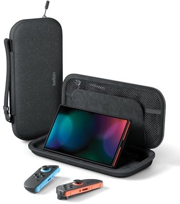Belkin Gaming Funda Protectora para Nintendo Switch 2 con compartimento para AirTag y ranuras para tarjetas de juegos, Estuche ligero con exterior duro e interior suave - Gris Carbón