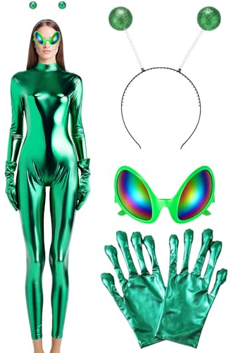 Maiteenly Women's Shiny Metallic Unitard Bodysuit Catsuit Halloween Cosplay Costume Accessories Alien Headband Glasses Gloves(Green,L)