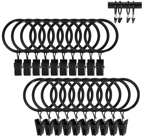 YTAXYZWR Anillas para Cortinas Negras 20 Unidades, argollas metálicas con Pinzas de sujeción, diámetro Interior 32 mm, Ganchos para Cortinas prácticas y Resistentes para salón, Dormitorio o baño