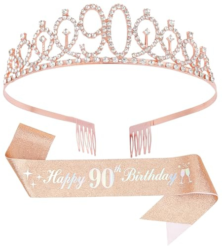 90th Birthday Crown & Sash for Women, Rose Gold | Happy 90th Birthday Sash, Rhinestone Crown for Women's 90th Birthday Decor