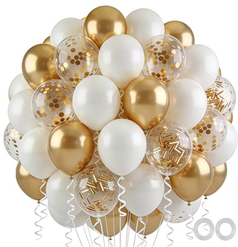 JasGood Luftballons Geburtstags Weiß Gold 60 Stück Helium Ballons für Geburtstagsdeko Hochzeit Taufe Abschluss Party Deko Babyparty Jugendweihe Verlobung,12Zoll