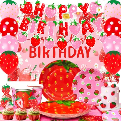 Erdbeeren Geburtstag Dekoration,93 Stück Erdbeere Partygeschirr Set - Teller Tischdecken Serviette Hintergrundstoff Banner etc Erdbeere Geburtstag Dekorationen
