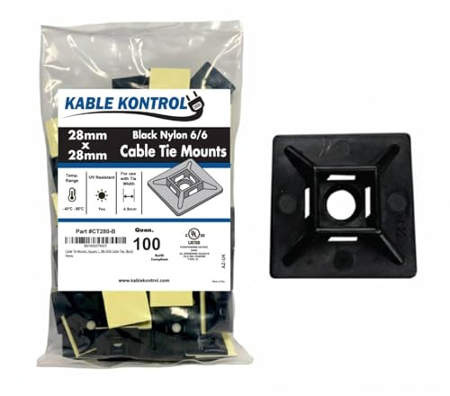 Kable Kontrol Black Zip Tie Bases, 28 mm x 28 mm, Pack of 100 Cable Tie Adhesive Mounts Self Adhesive Mounts Multi-Purpose Zip Ties Bases, Cable Holder Sticky Pads - Black | Multi-Purpose UV-Resistant Mounting Squares Nylon Cable Tie Wrap Anchor Pads for Cable Management