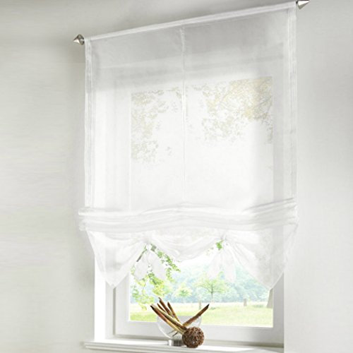 HongYa Uni Raffrollo Tunnelzug Raffgardine Transparenter Voile Bändchenrollo Küche Gardine H/B 155/60 cm Weiß
