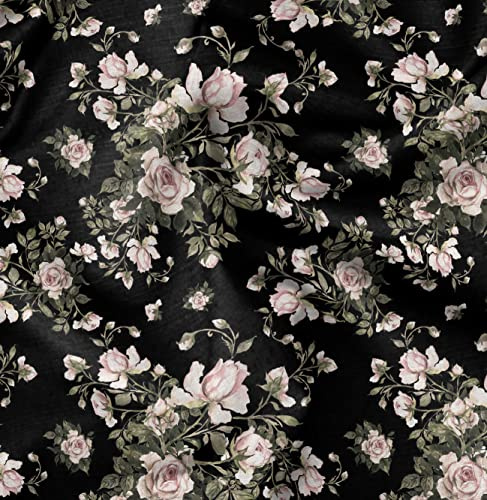 Soimoi Schwarz Baumwolljersey Stoff Blutter & Rose Blumen- gedruckt Craft Fabric 1 Meter 58 Zoll breit
