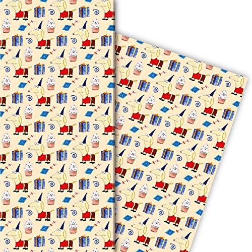 Kartenkaufrausch Lustiges Geburtstag Geschenkpapier Set 4 Bogen mit Party Dackel, beige, für liebe Geschenk Verpackung 32 x 48cm, zu Ostern Weihnachten Geburtstag, universal Geschenkpapier