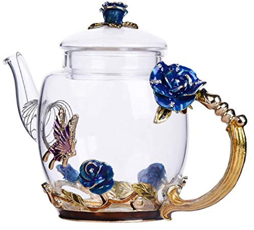AYES Heat-Resistant Flower Glass Teapot, Enamel Glass Teapot, Creative Glass Teapot and Cup Set, Crystal Glass Kung Fu Tea Cup Set (Blue, 287.464 grams)