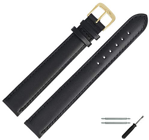 MARBURGER Uhrenarmband 22mm Leder Schwarz Gold Glatt Mit Naht - Montage Set 1012210000220