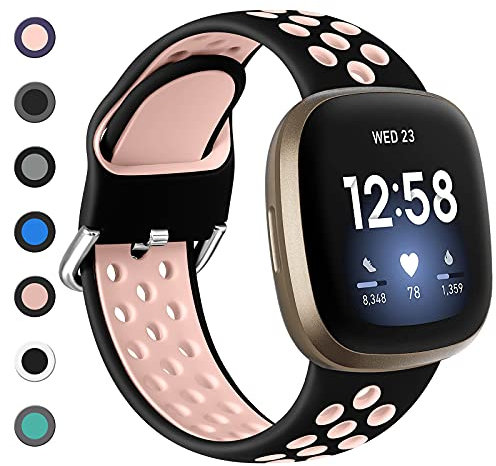 Dirrelo Kompatibel mit Fitbit Versa 4/3/Sense 2 Armband - Damen Herren, Sport Silikon Atmungsaktiv Ersatzarmband Uhrenarmband, S Schwarz/Rosa