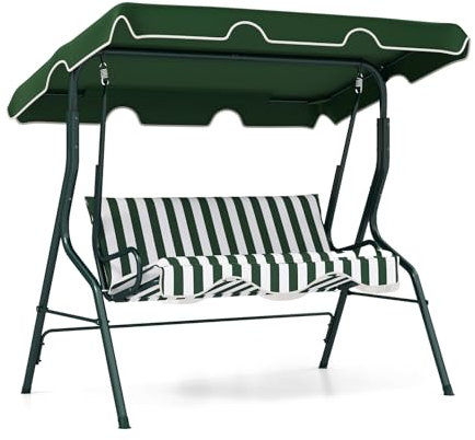 CASART 3 Seater Swing Chair, Steel Frame Hammock Chaise Lounger with Adjustable Canopy, Outdoor Swinging Seat for Garden Patio Bench Balcony(Oxford Seat, Green+White)
