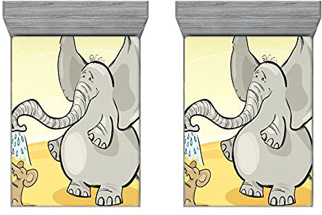 ABAKUHAUS Elefant 2er-Satz Spannbetttuch, Elefant Baden-Maus, Soft Dekorativer Stoff Bettwäsche Rund-um Elastischer Gummizug, 150 cm x 190 cm, Grau, Gelb, Creme