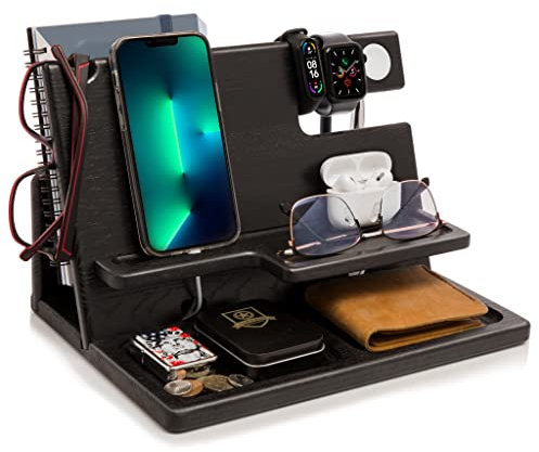 Teslyar Docking Station in Legno per telefono dalla Cenere con ganci con Svuota tasche e Porta Orologio Natale Regalo da uomo per orologi compatibile con iPhone iWatch AirPods (Nero)