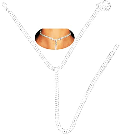 Carufin Collana lunga a più file con catena da tennis in cristallo argento con strass, collana girocollo, gioielli per donne e ragazze