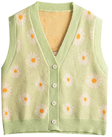 Hyipels Argyle Maglione Gilet Donna Y2K Plaid Maglia Streetwear Stile Preppy Scollo a V Crop Maglieria Canotta per Ragazza, Margherita Verde Lime, L